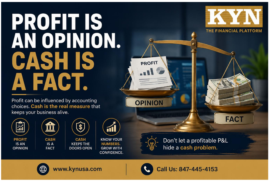 Balance scale weighing profit reports against stacks of cash — profit is an opinion, cash is a fact | KYN
