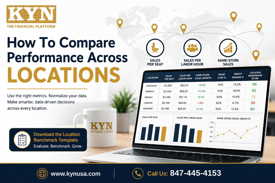 KYN guide banner - how to compare restaurant performance across locations using sales per seat, sales per labor hour, and same-store sales on a benchmarking dashboard.