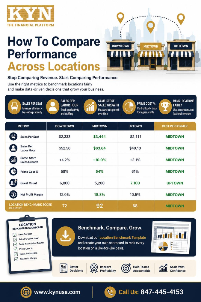 Infographic comparing three restaurant locations on sales per seat, sales per labor hour, same-store sales growth, prime cost, guest count, and Location Benchmark Score.