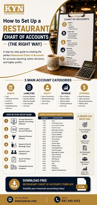 KYN infographic of a restaurant chart of accounts showing the five account categories the seven step setup guide and a sample account numbering structure